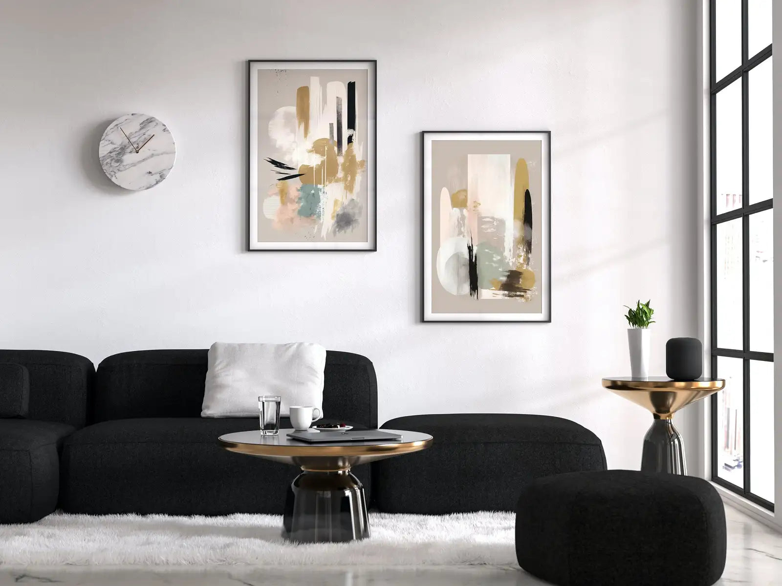 Ensemble de 2 tableaux imprimables d’art abstrait moderne neutre. Tableaux abstraits minimalistes noir et beige. Mur de galerie neutre. Décoration murale Japandi.