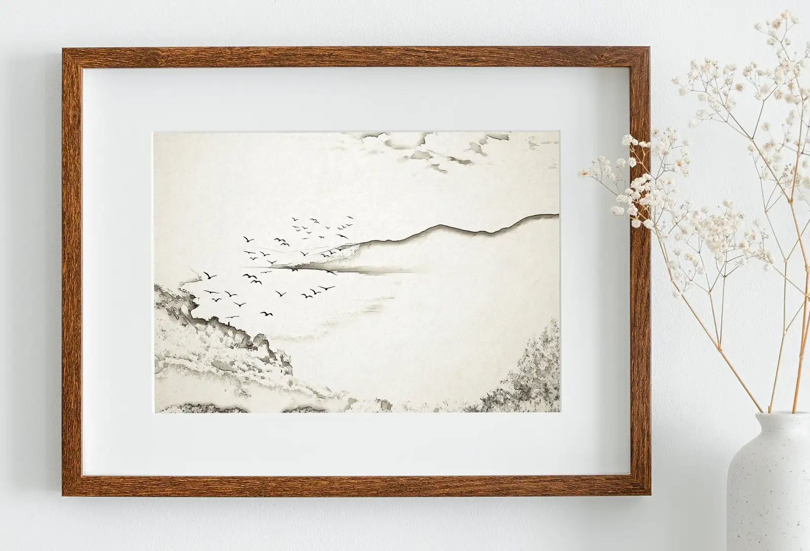 Detail view of artwork from Neutral Beach Art Print Muted Coastal Painting. Minimalist Mountain Wall Art. Abstract Mountains Landscape Poster. Soft Aesthetic Beach Art. (variation 1)