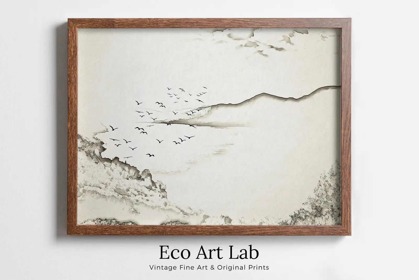 Framed view of Neutral Beach Art Print Muted Coastal Painting. Minimalist Mountain Wall Art. Abstract Mountains Landscape Poster. Soft Aesthetic Beach Art – printable wall art digital download.