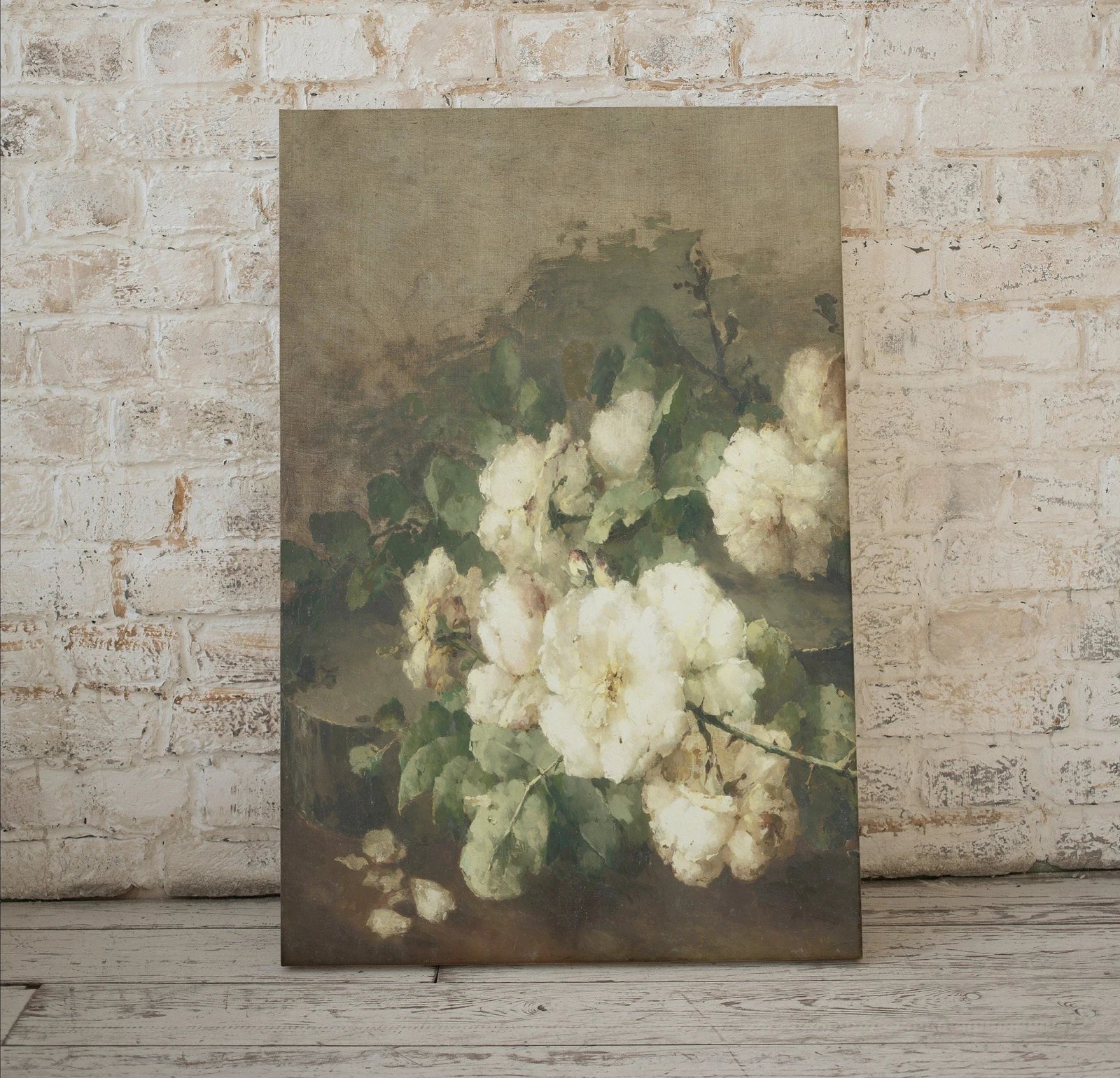 Detail view of artwork from Neutral Flower Print. Flowers Still Life. Floral Painting Vintage Art. Neutral Wall Art. Cottage core Decor. (variation 1)