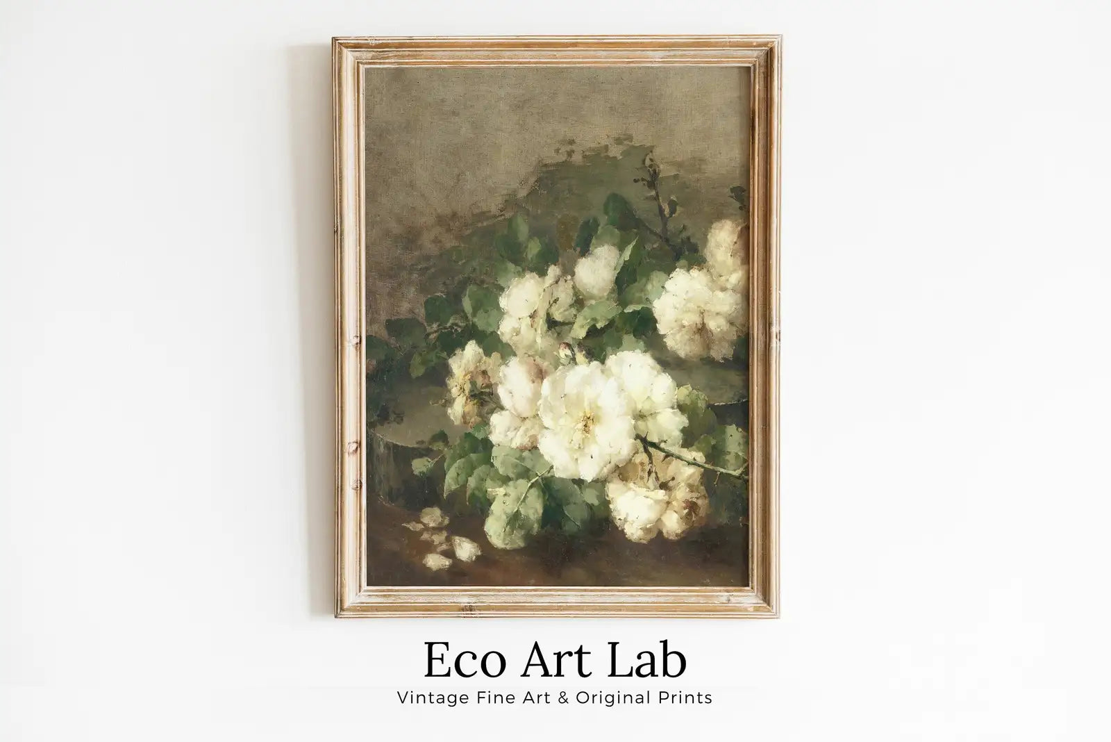 Framed view of Neutral Flower Print. Flowers Still Life. Floral Painting Vintage Art. Neutral Wall Art. Cottage core Decor – printable wall art digital download.