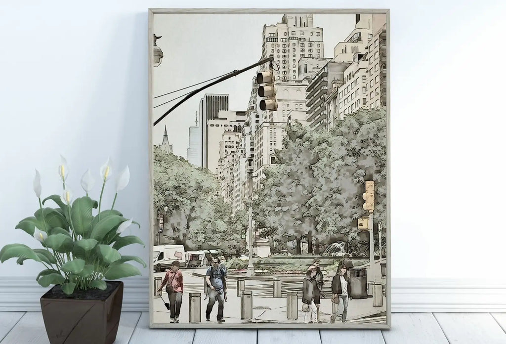 Detail view of artwork from New York City Street View Urban Landscape Painting, Printable Wall Art, for Home or Office Decor, Print Digital Art Instant Download. (variation 1)