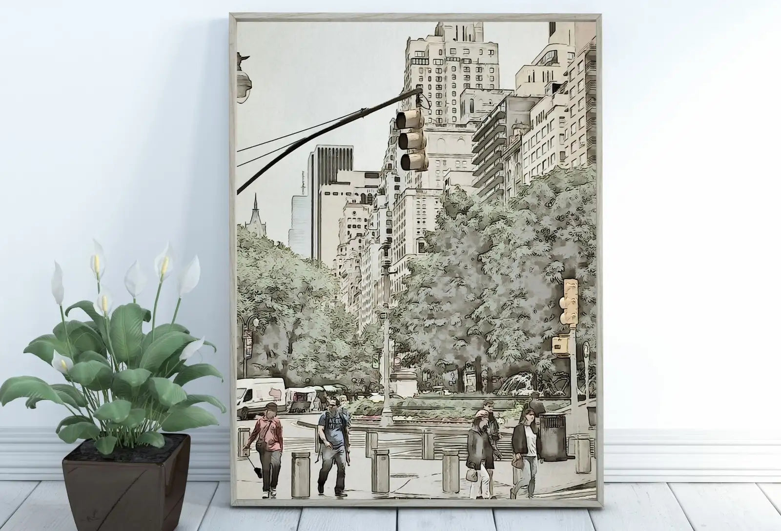 Detail view of artwork from New York City Street View Urban Landscape Painting, Printable Wall Art, for Home or Office Decor, Print Digital Art Instant Download. (variation 1)