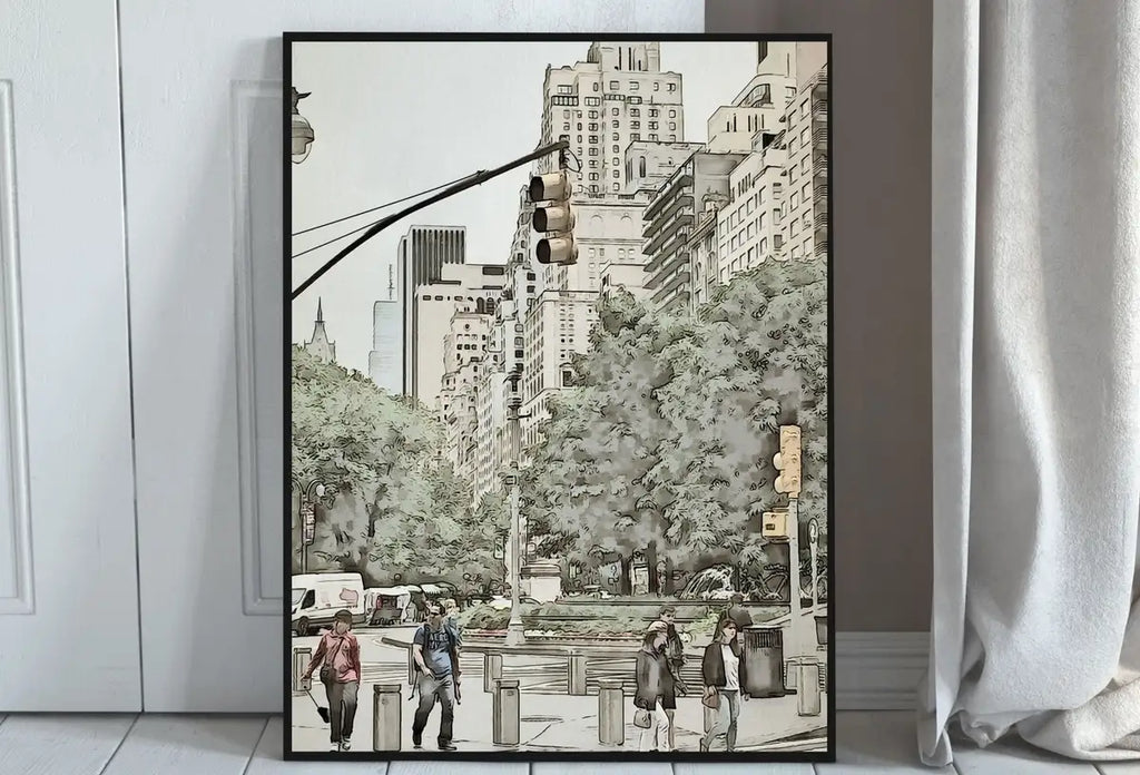 Detail view of artwork from New York City Street View Urban Landscape Painting, Printable Wall Art, for Home or Office Decor, Print Digital Art Instant Download. (variation 2)