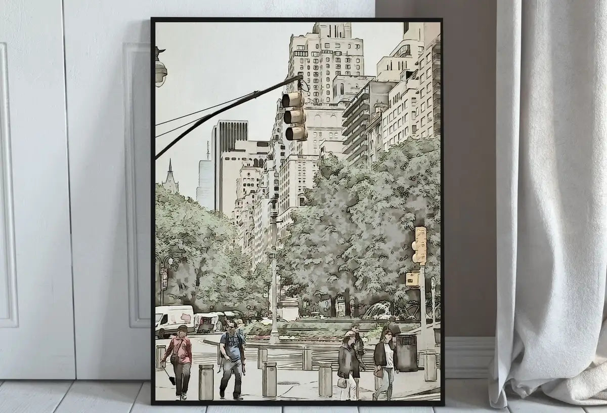 Detail view of artwork from New York City Street View Urban Landscape Painting, Printable Wall Art, for Home or Office Decor, Print Digital Art Instant Download. (variation 2)