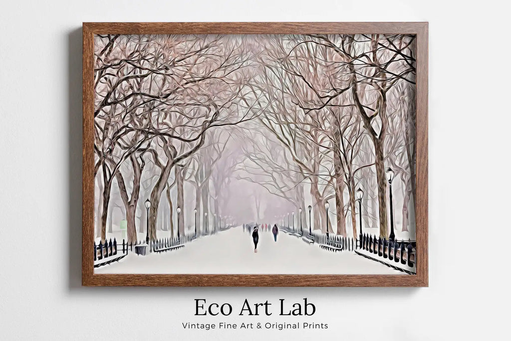 Framed view of New York Print Central Park in the Snow Printable Wall Art, New York City Print Digital Art Instant Download Winter Prints Evening Landscape – printable wall art digital download.