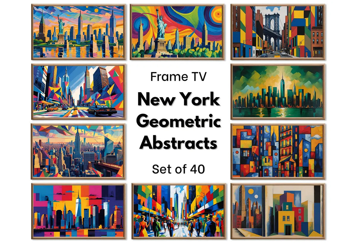 New York Wall Art Geometric Abstracts for Samsung Frame TV displayed on Samsung Frame TV on a living room wall.