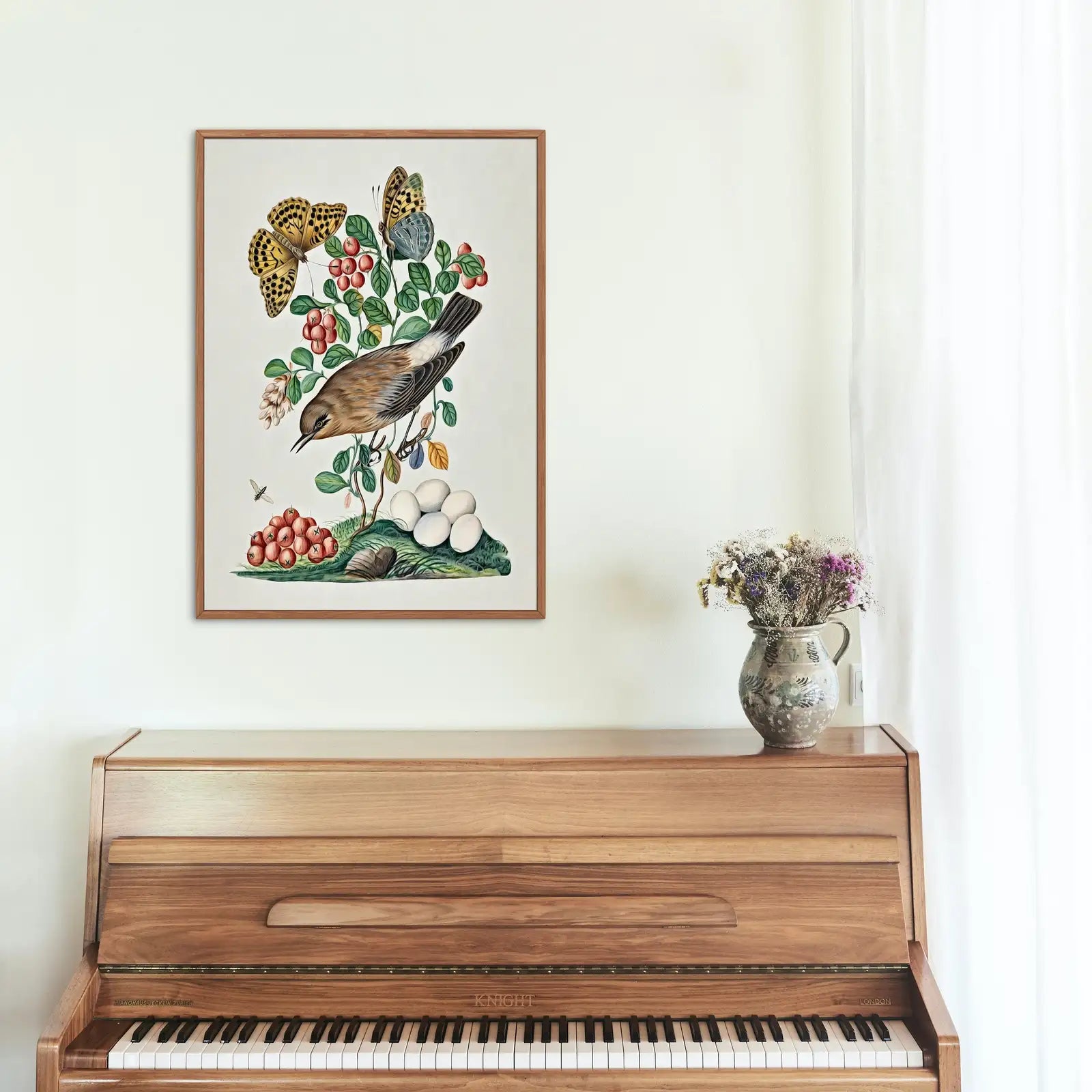 Detail view of artwork from Northern Wheatear and Berries Wall Art Poster. Vintage Botanical Print, Bird Art Nature Decor Flower Market Print Digital Printable Wall Art. (variation 1)