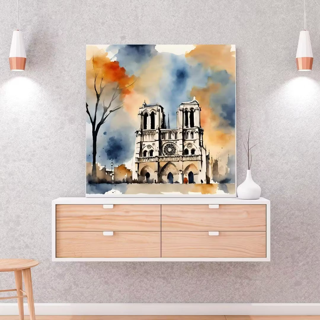 Notre Dame Art Print | Paris Cathedral Wall Decor | Modern Watercolor Square Printable for Unique Home Aesthetics – Printable Wall Art