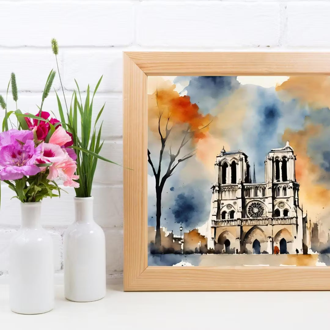 Notre Dame Art Print | Paris Cathedral Wall Decor | Modern Watercolor Square Printable for Unique Home Aesthetics – Printable Wall Art
