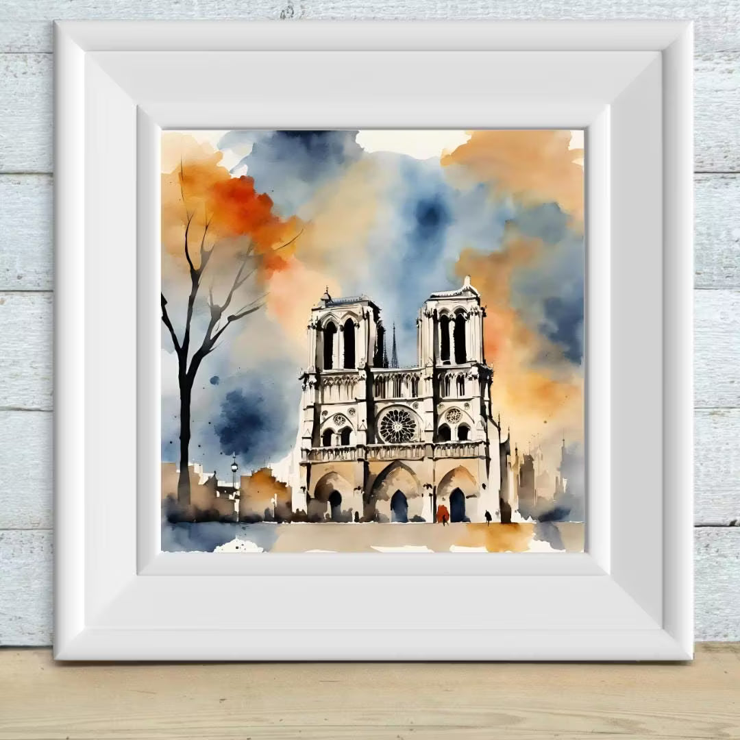 Notre Dame Art Print | Paris Cathedral Wall Decor | Modern Watercolor Square Printable for Unique Home Aesthetics – Printable Wall Art