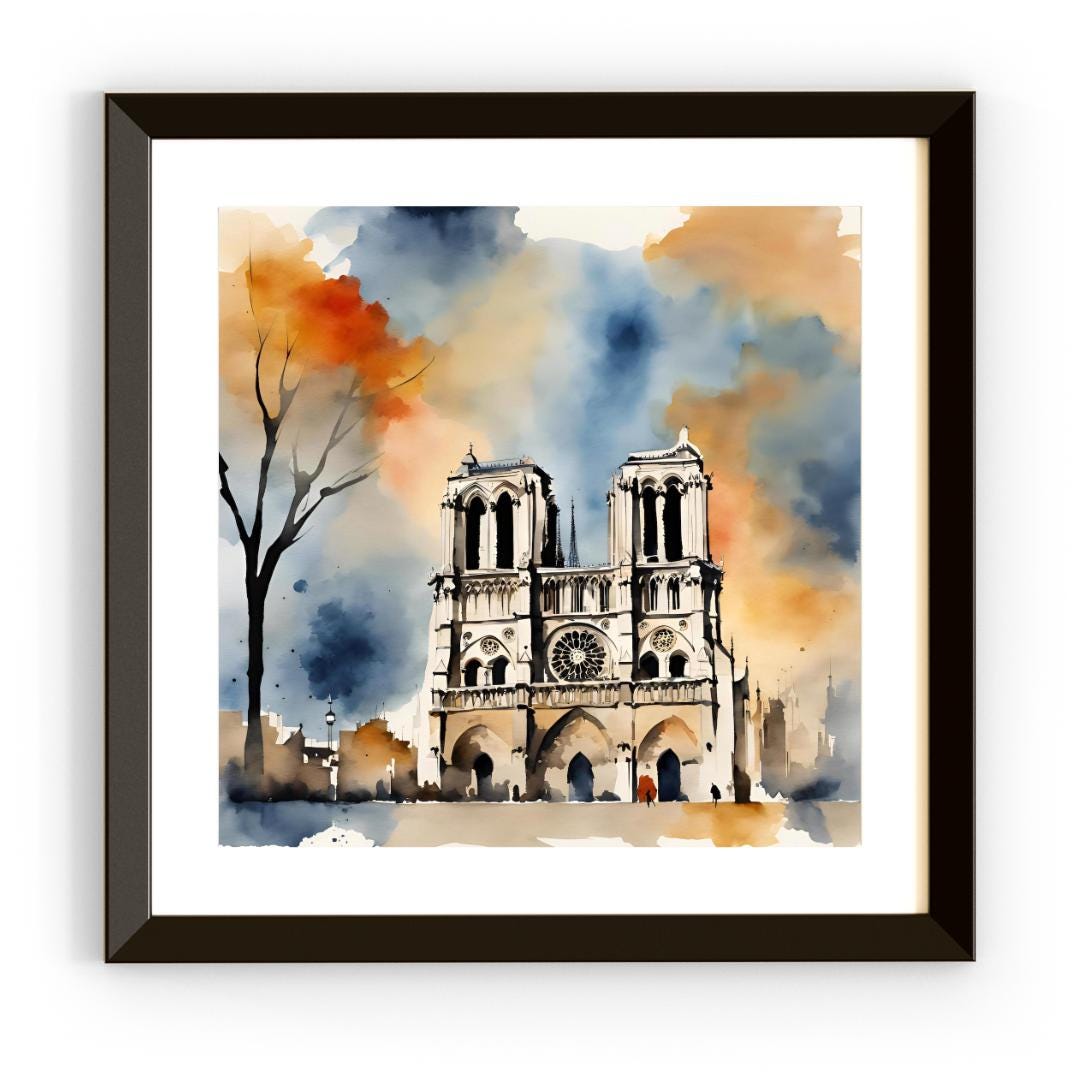 Notre Dame Art Print | Paris Cathedral Wall Decor | Modern Watercolor Square Printable for Unique Home Aesthetics – Printable Wall Art Digital Download – Digital Download