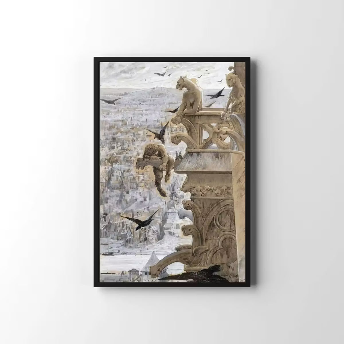 Notre Dame Gargoyle Printable - Vintage Gothic Wall Art - Dark Academia Decor - Medieval Crow Painting – Printable Wall Art