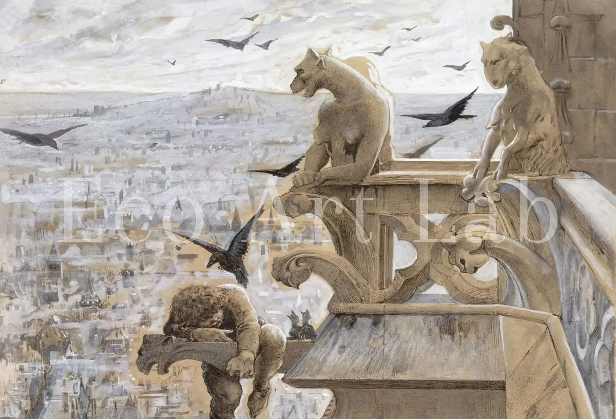 Notre Dame Gargoyle Printable - Vintage Gothic Wall Art - Dark Academia Decor - Medieval Crow Painting – Printable Wall Art