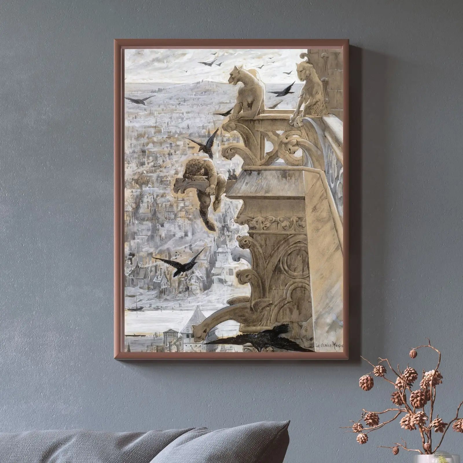 Detail view of artwork from Notre Dame Gargoyle Printable - Vintage Gothic Wall Art - Dark Academia Decor - Medieval Crow Painting. (variation 1)