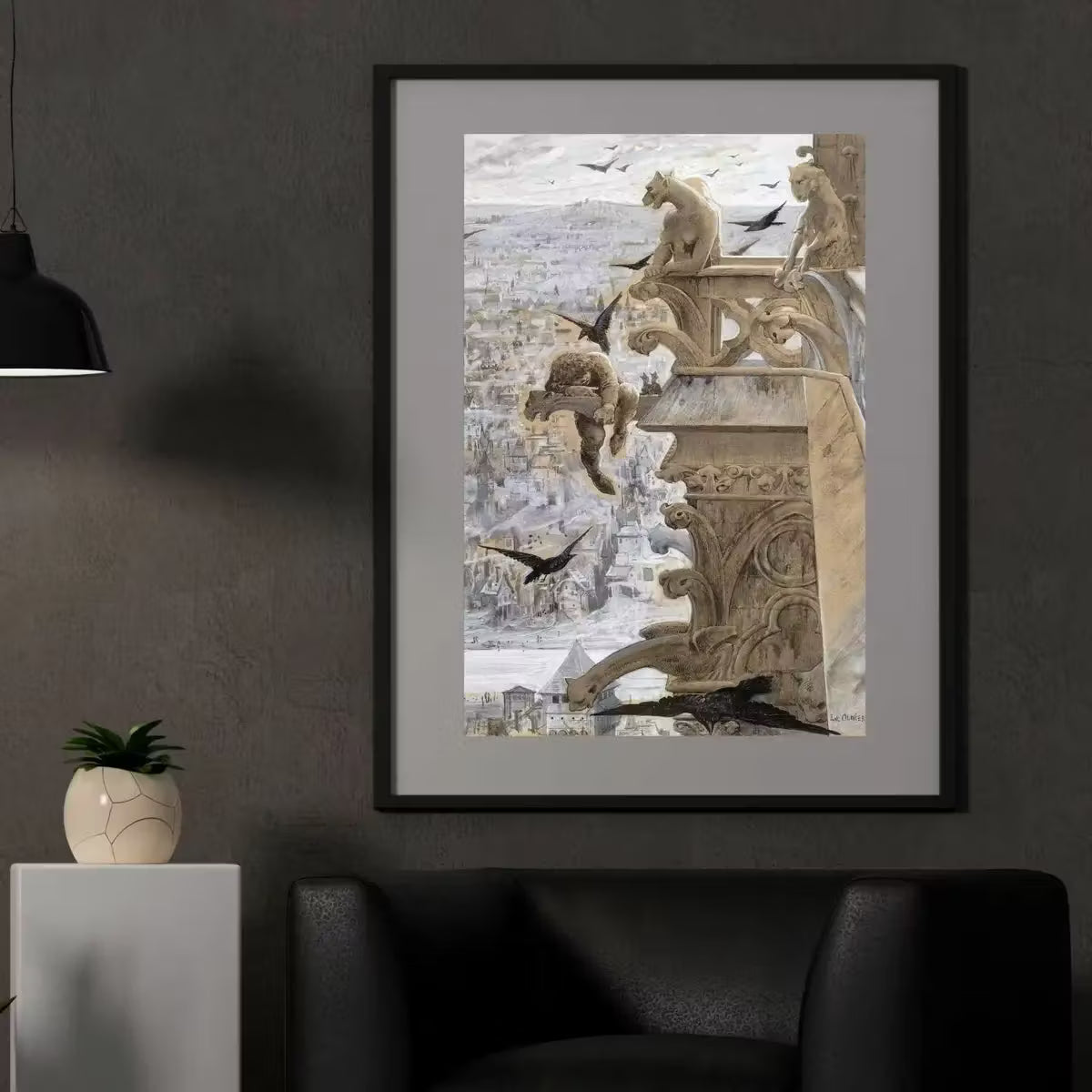 Notre Dame Gargoyle Printable - Vintage Gothic Wall Art - Dark Academia Decor - Medieval Crow Painting – Printable Wall Art