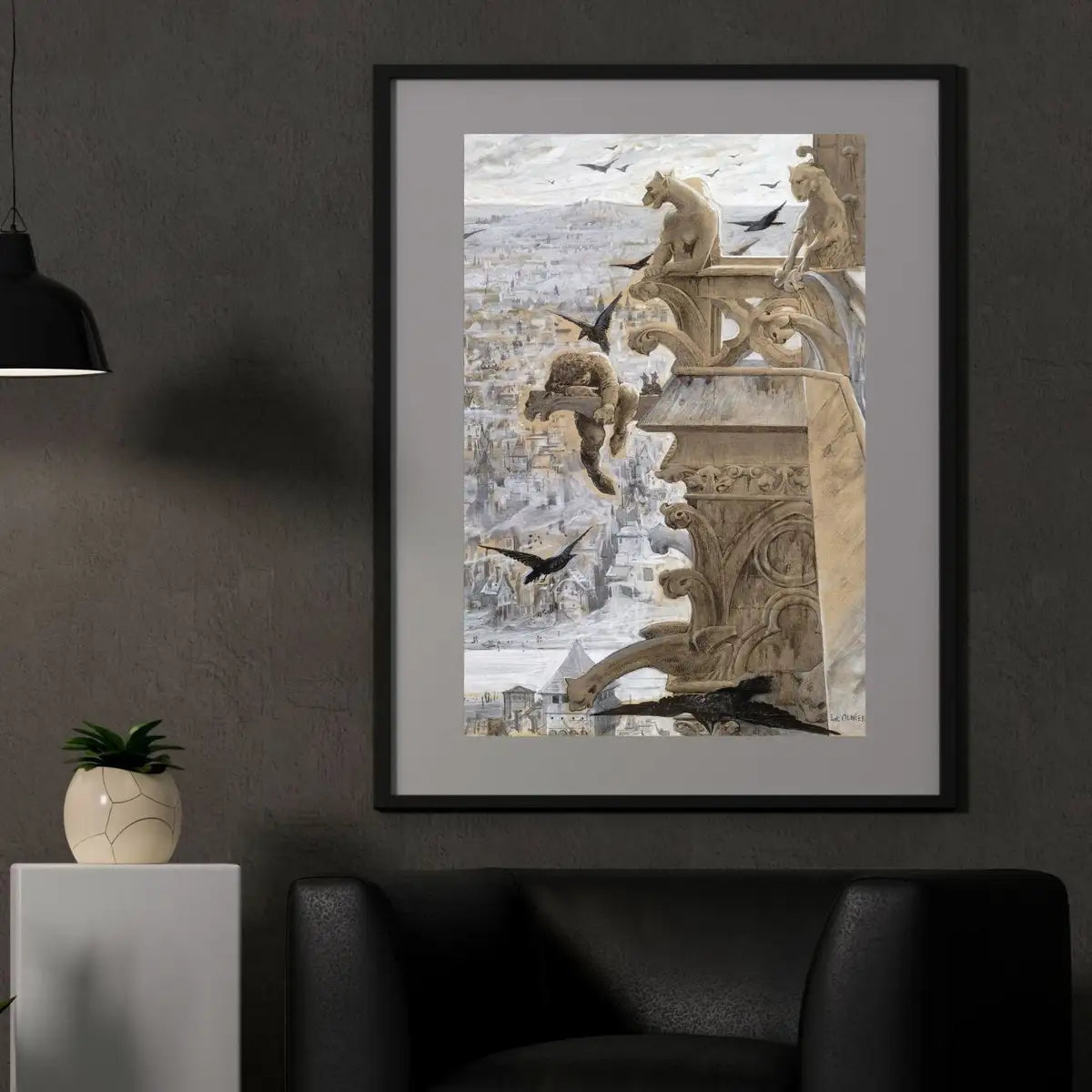 Detail view of artwork from Notre Dame Gargoyle Printable - Vintage Gothic Wall Art - Dark Academia Decor - Medieval Crow Painting. (variation 2)