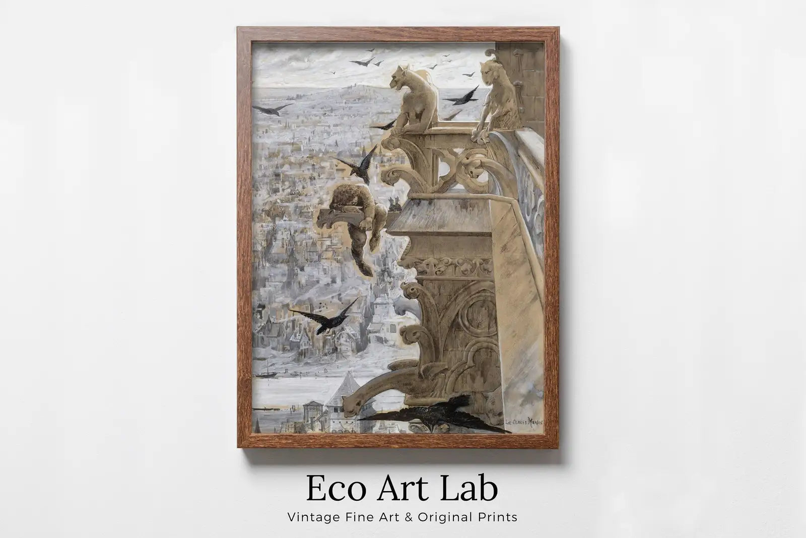 Framed view of Notre Dame Gargoyle Printable - Vintage Gothic Wall Art - Dark Academia Decor - Medieval Crow Painting – printable wall art digital download.