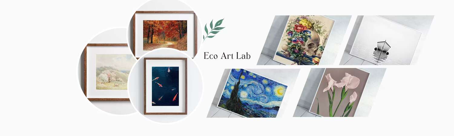 Collection of framed artworks from Eco Art Lab on a white background