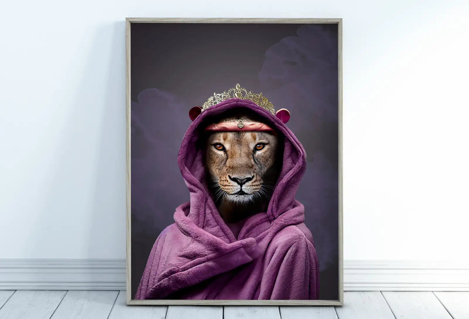 Framed view of Original Queen Lioness Digital Art Print. Printable Wall Art. Modern Lioness Artwork. Instant Download. Contemporary Poster Lioness Portrait – printable wall art digital download.