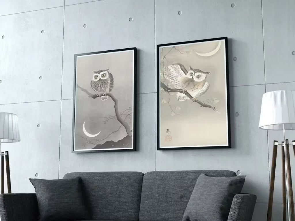 Owl Paintings Vintage Japanese Art Posters. Set of 2 Prints Instant Download Owl on Branch Japanese Owl Painting. Printable Japanese Owl Art – Printable Wall Art Set
