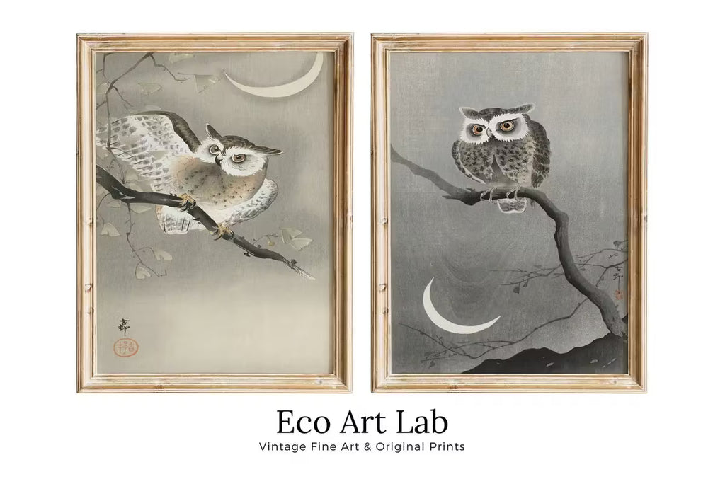 Owl Paintings Vintage Japanese Art Posters. Set of 2 Prints Instant Download Owl on Branch Japanese Owl Painting. Printable Japanese Owl Art – Printable Wall Art Set