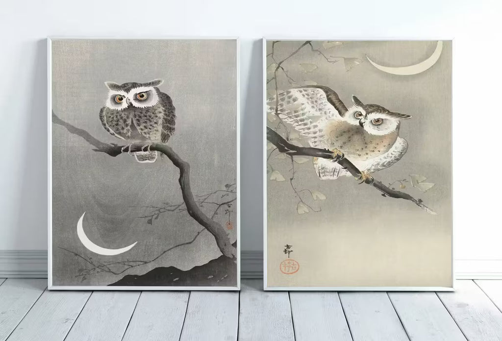 Owl Paintings Vintage Japanese Art Posters. Set of 2 Prints Instant Download Owl on Branch Japanese Owl Painting. Printable Japanese Owl Art – Printable Wall Art Set