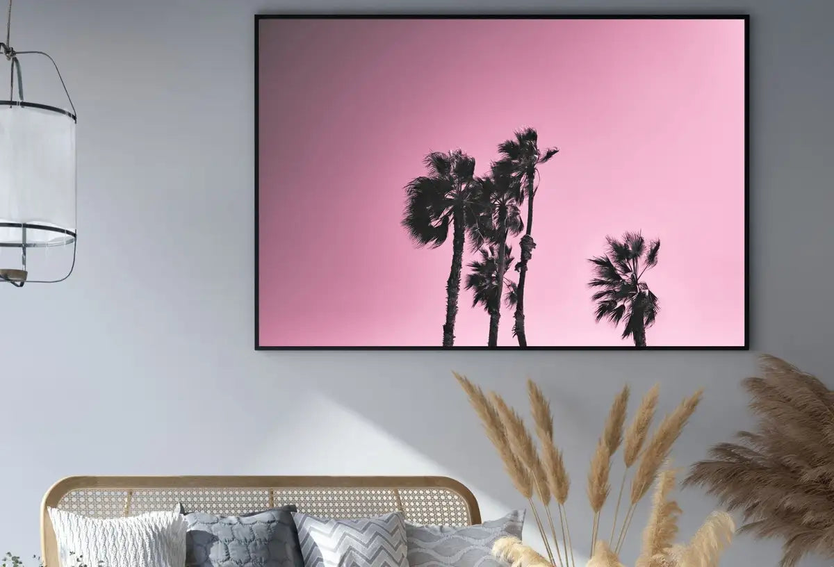 Detail view of artwork from Palm Tree Print With Pink Sky Instant Download Printable Wall Art. Horizontal Palm Tree Art Photography Print, Downloadable Minimalist Decor. (variation 2)
