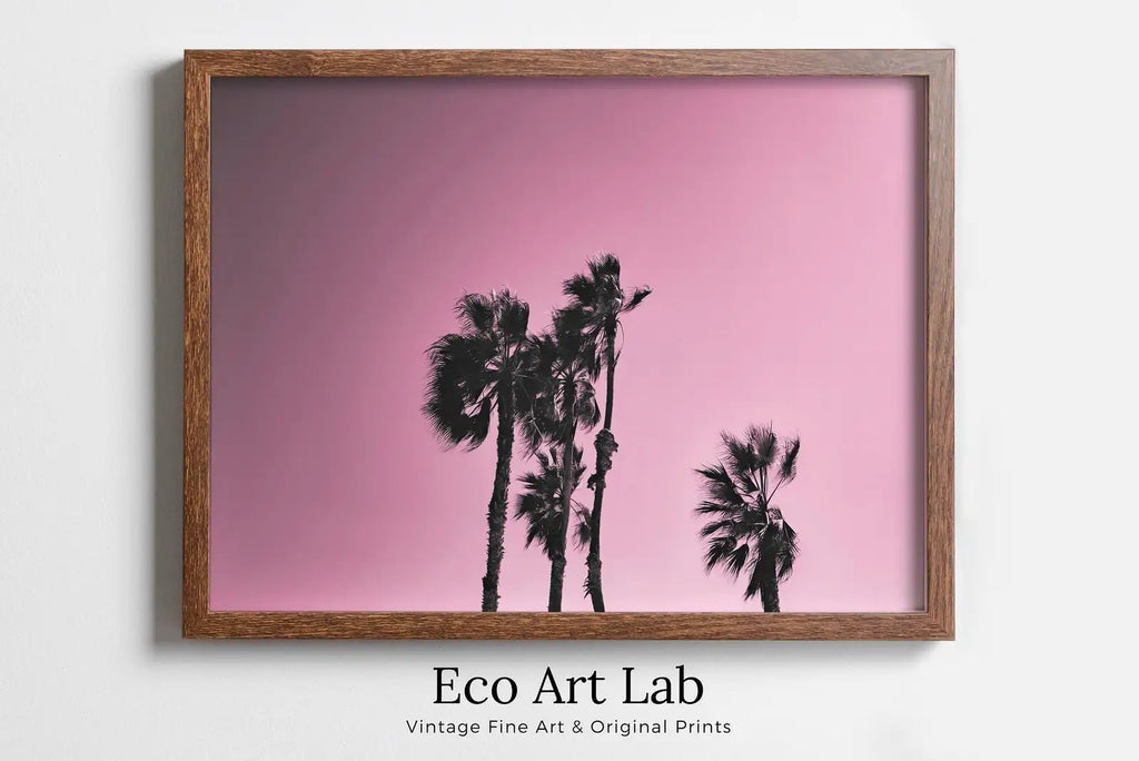 Framed view of Palm Tree Print With Pink Sky Instant Download Printable Wall Art. Horizontal Palm Tree Art Photography Print, Downloadable Minimalist Decor – printable wall art digital download.
