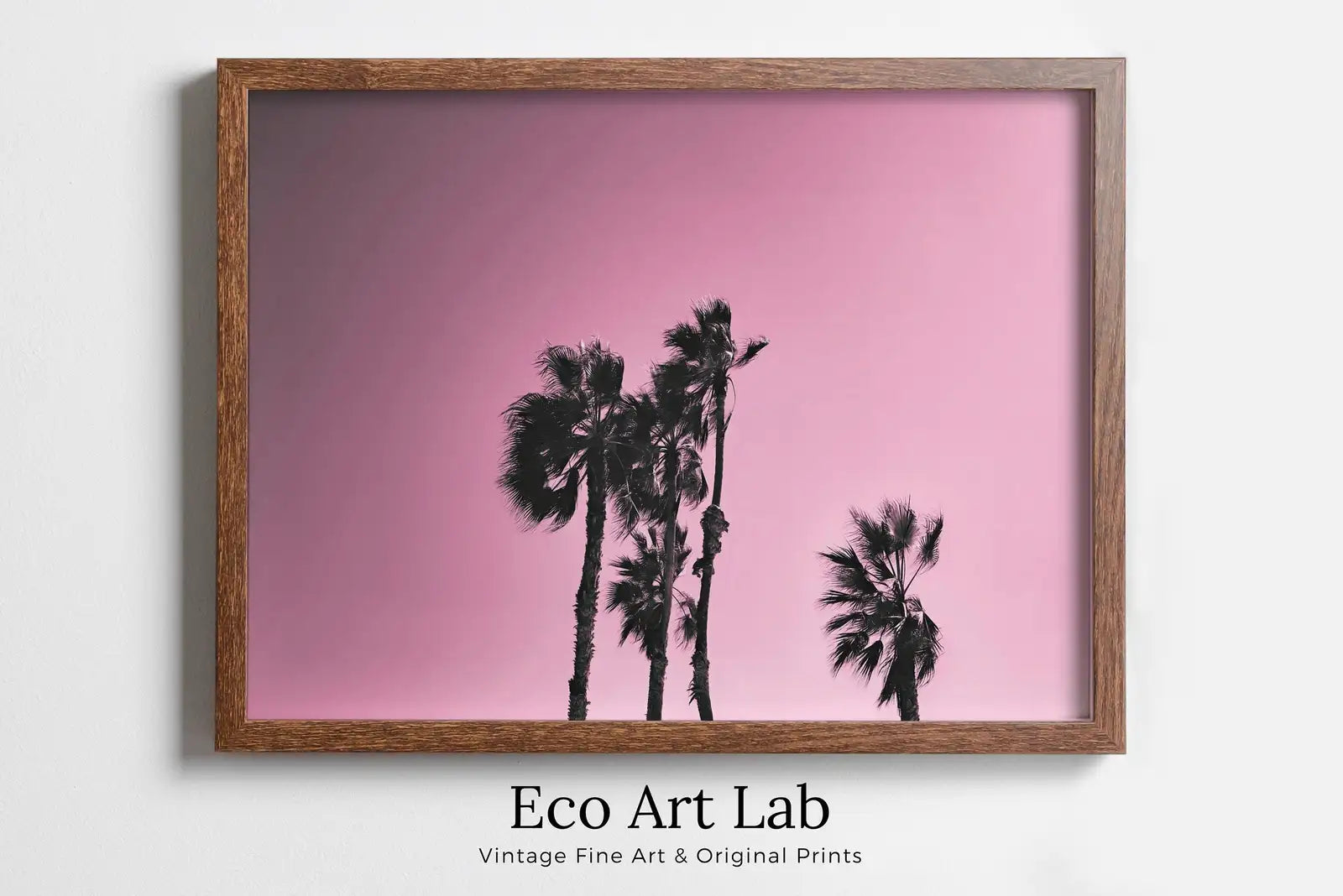 Framed view of Palm Tree Print With Pink Sky Instant Download Printable Wall Art. Horizontal Palm Tree Art Photography Print, Downloadable Minimalist Decor – printable wall art digital download.