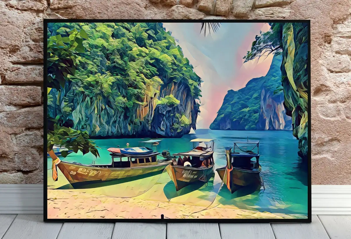 Detail view of artwork from Paradise Island in Thailand Landscape Painting, Printable Wall Art, for Home or Office Decor, Nature Print Digital Art Instant Download. (variation 2)