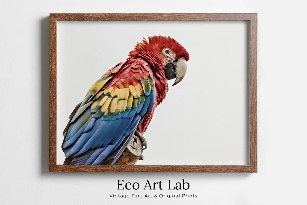 Framed view of Parrot Printable Wall Art, Tropical Bird Digital Painting, Instant Download Exotic Poster Scarlet Macaw Print – printable wall art digital download.