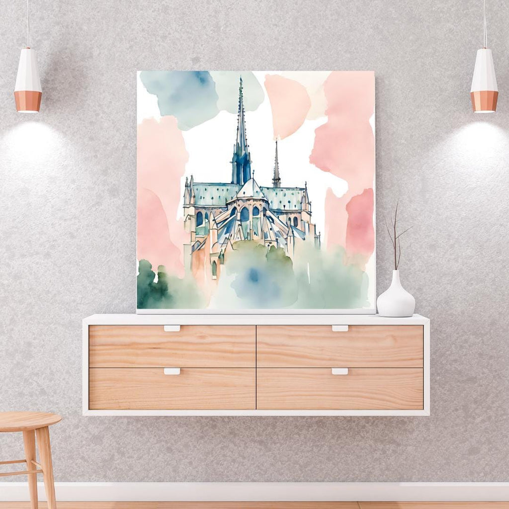 Detail view of artwork from Pastel Printable Notre Dame Wall Art I Watercolor Cathedral Decor I Paris Home Square Print. (variation 1)
