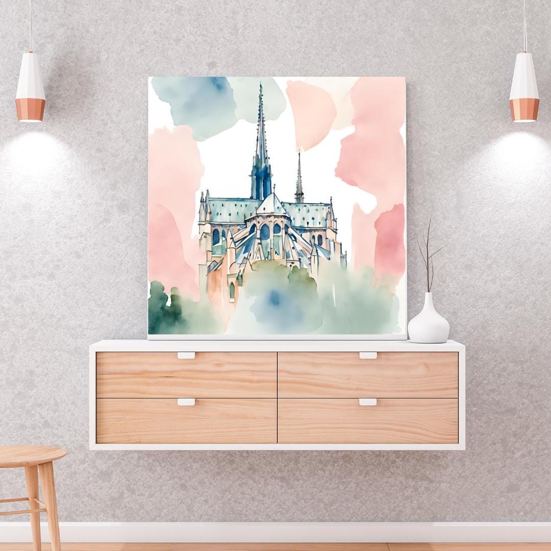 Pastel Printable Notre Dame Wall Art I Watercolor Cathedral Decor I Paris Home Square Print – Printable Wall Art Digital Download – Digital Download