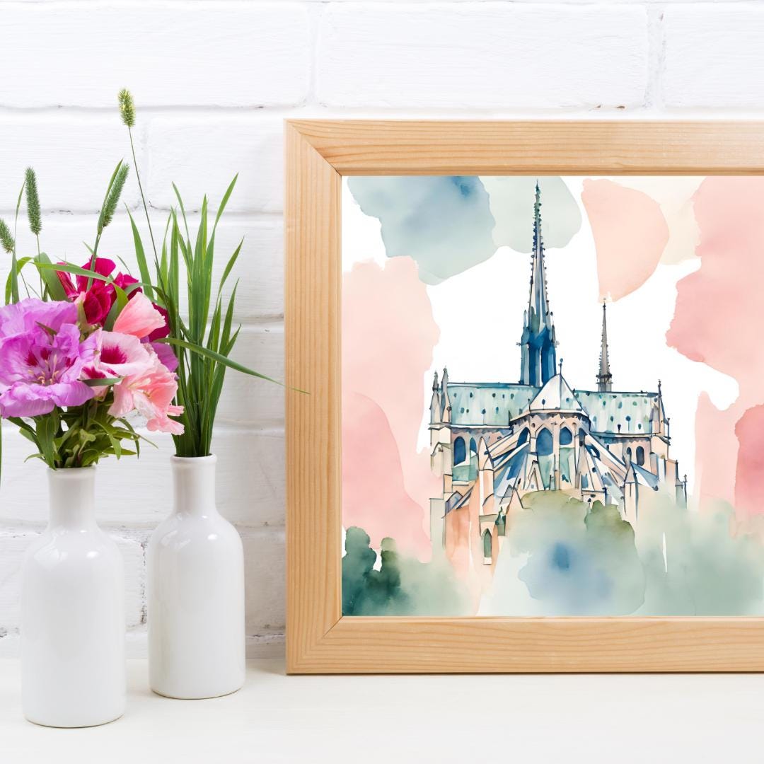 Pastel Printable Notre Dame Wall Art I Watercolor Cathedral Decor I Paris Home Square Print – Printable Wall Art Digital Download – Digital Download