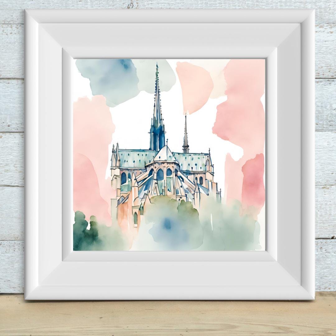 Pastel Printable Notre Dame Wall Art I Watercolor Cathedral Decor I Paris Home Square Print – Printable Wall Art Digital Download – Digital Download