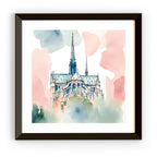 Framed view of Pastel Printable Notre Dame Wall Art I Watercolor Cathedral Decor I Paris Home Square Print – printable wall art digital download.