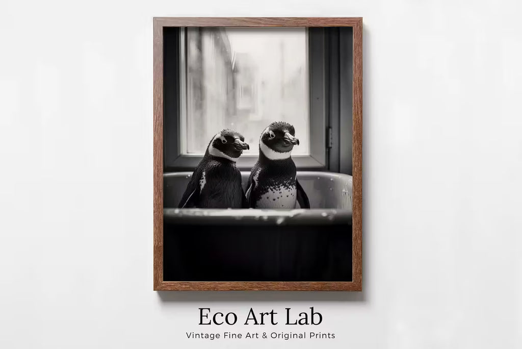 Penguins in Tub Printable Wall Art | Black & White Penguin Photo | Printable | Bathroom Art Print | Penguin Art |  #04 – Printable Wall Art