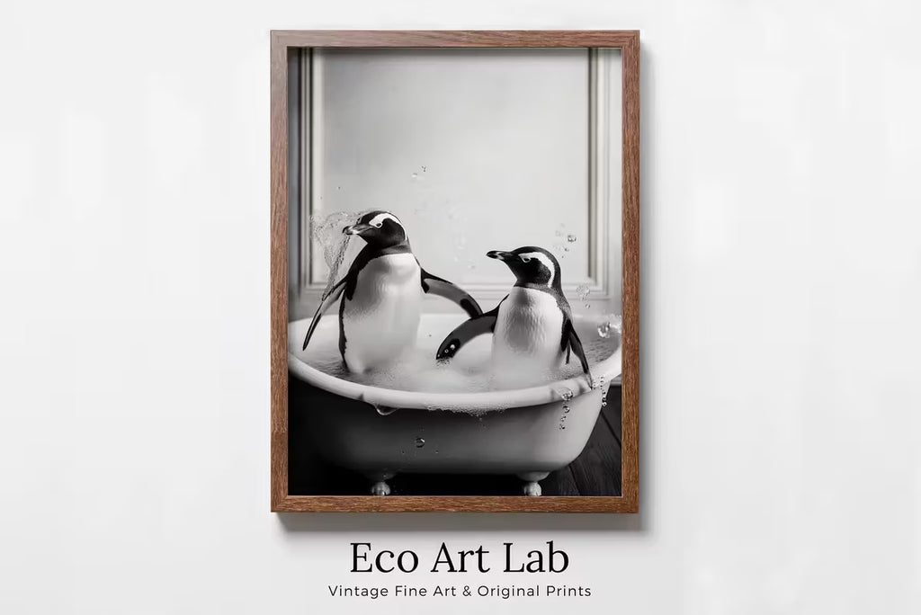 Penguins in Tub Printable Wall Art | Black & White Penguin Photo | Printable | Bathroom Art Print | Penguin Art |  #05 – Printable Wall Art