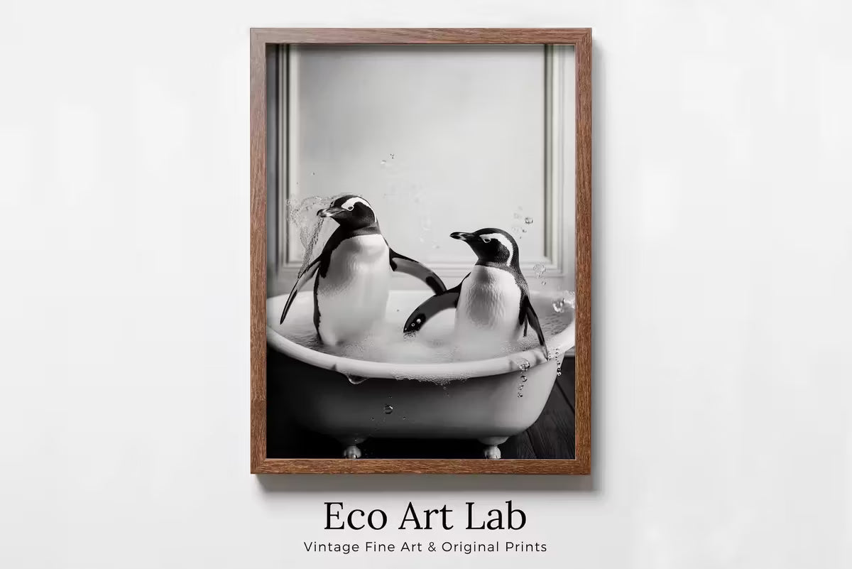 Penguins in Tub Printable Wall Art | Black & White Penguin Photo | Printable | Bathroom Art Print | Penguin Art |  #05 – Printable Wall Art