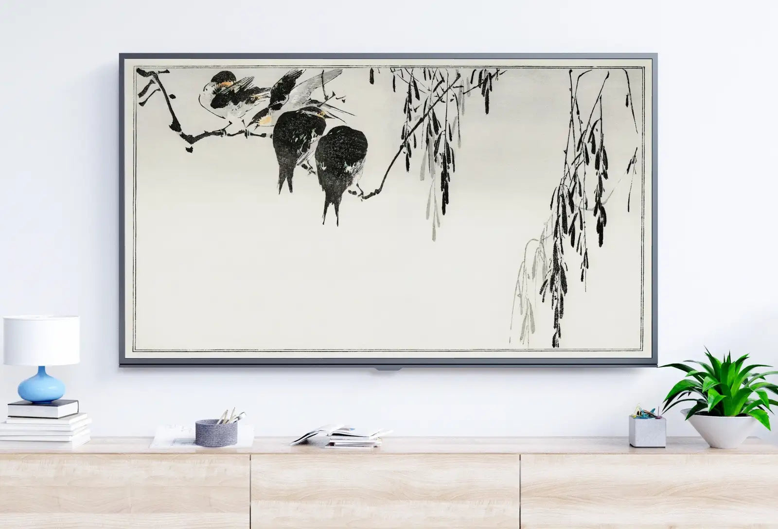 Included artwork preview showing first selection of artworks from Perched Magpies Illustration Vintage Japanese Painting Frame TV Art. Antique Japanese Art Samsung TV, Digital Download for Samsung Frame.