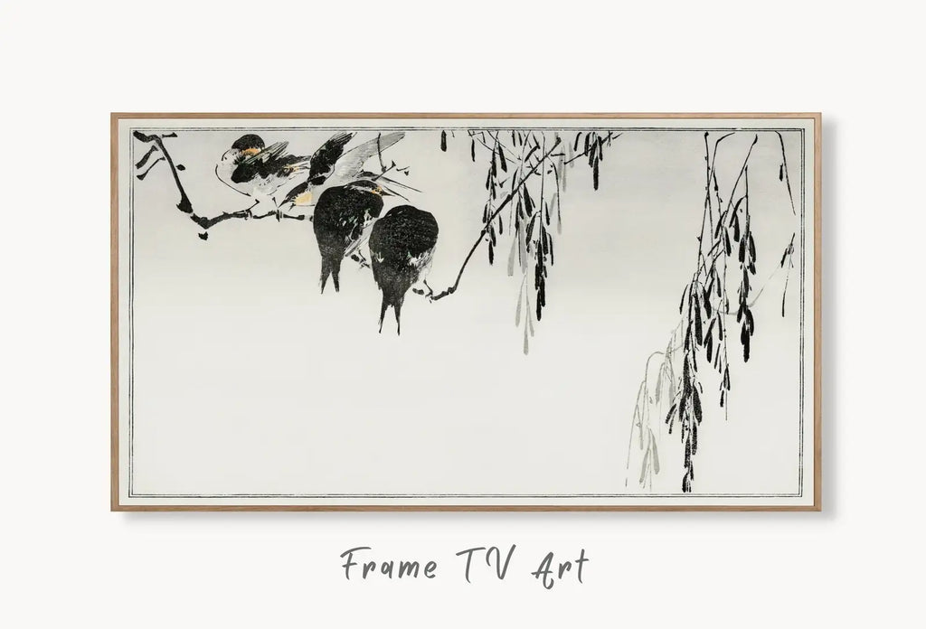 Perched Magpies Illustration Vintage Japanese Painting Frame TV Art. Antique Japanese Art Samsung TV, Digital Download for Samsung Frame displayed on Samsung Frame TV on a living room wall.