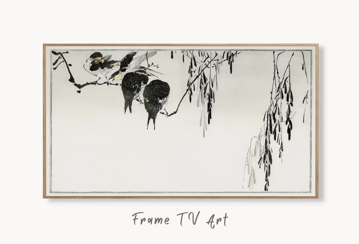 Perched Magpies Illustration Vintage Japanese Painting Frame TV Art. Antique Japanese Art Samsung TV,  for Samsung Frame – Frame TV  Art