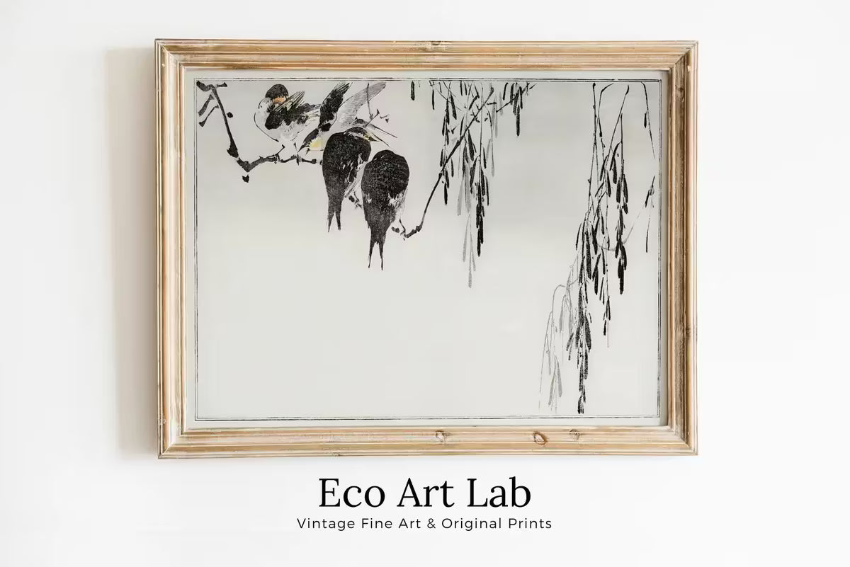 Perched Magpies Illustration Vintage Japanese Painting. Japanese Wall Art Printable Poster. 19th Century Japanese Vintage Wall Art, Bird Art – Printable Wall Art