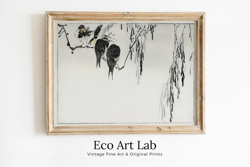 Framed view of Perched Magpies Illustration Vintage Japanese Painting. Japanese Wall Art Printable Poster. 19th Century Japanese Vintage Wall Art, Bird Art – printable wall art digital download.