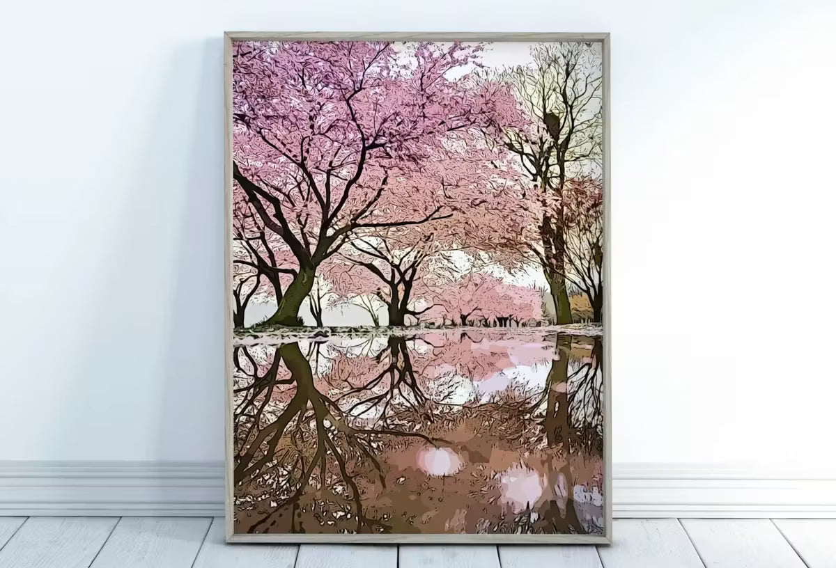 Pink Blossom Trees Reflection Printable Wall Art. Cherry Blossom Tree Floral Wall Art Print. Pink Wall Art Floral Poster Botanical Art – Printable Wall Art