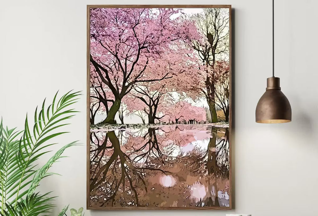 Pink Blossom Trees Reflection Printable Wall Art. Cherry Blossom Tree Floral Wall Art Print. Pink Wall Art Floral Poster Botanical Art – Printable Wall Art