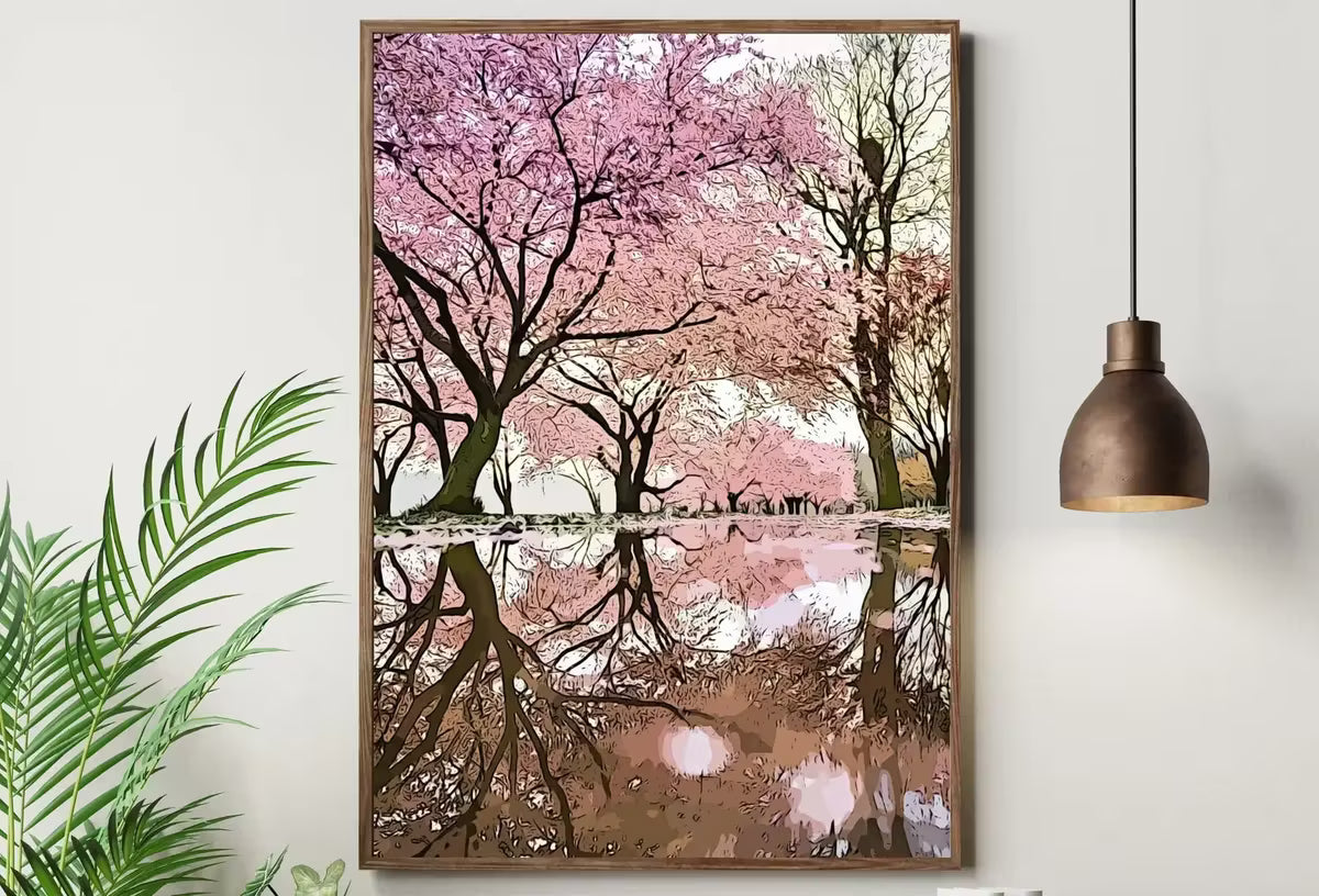 Pink Blossom Trees Reflection Printable Wall Art. Cherry Blossom Tree Floral Wall Art Print. Pink Wall Art Floral Poster Botanical Art – Printable Wall Art