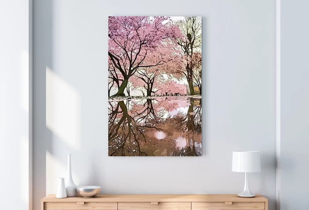 Pink Blossom Trees Reflection Printable Wall Art. Cherry Blossom Tree Floral Wall Art Print. Pink Wall Art Floral Poster Botanical Art – Printable Wall Art