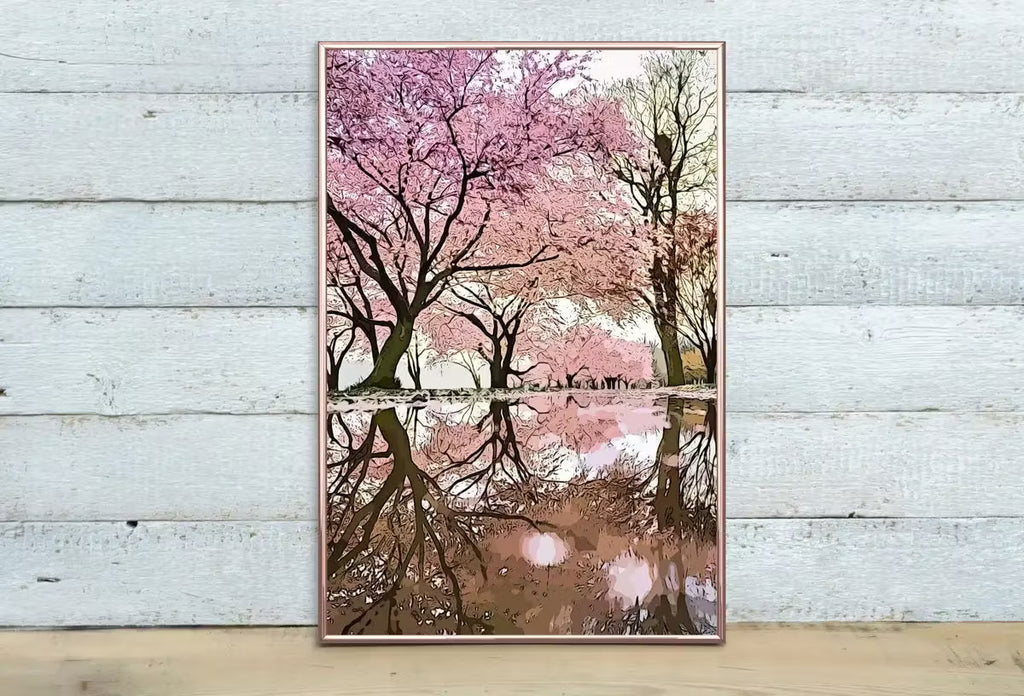 Pink Blossom Trees Reflection Printable Wall Art. Cherry Blossom Tree Floral Wall Art Print. Pink Wall Art Floral Poster Botanical Art – Printable Wall Art